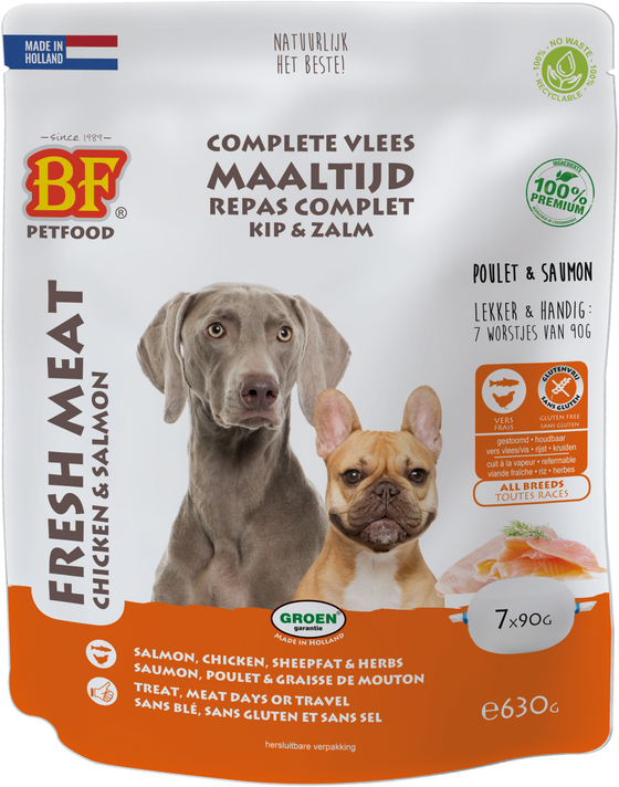 BF Petfood® Fresh Meat Vleesvoeding Kip/Zalm – 7x90g