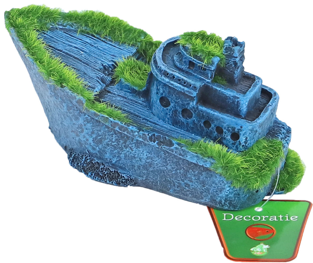 Boon Aqua Deco ornament polyresin gezonken half schip met mos, 13×6 cm.