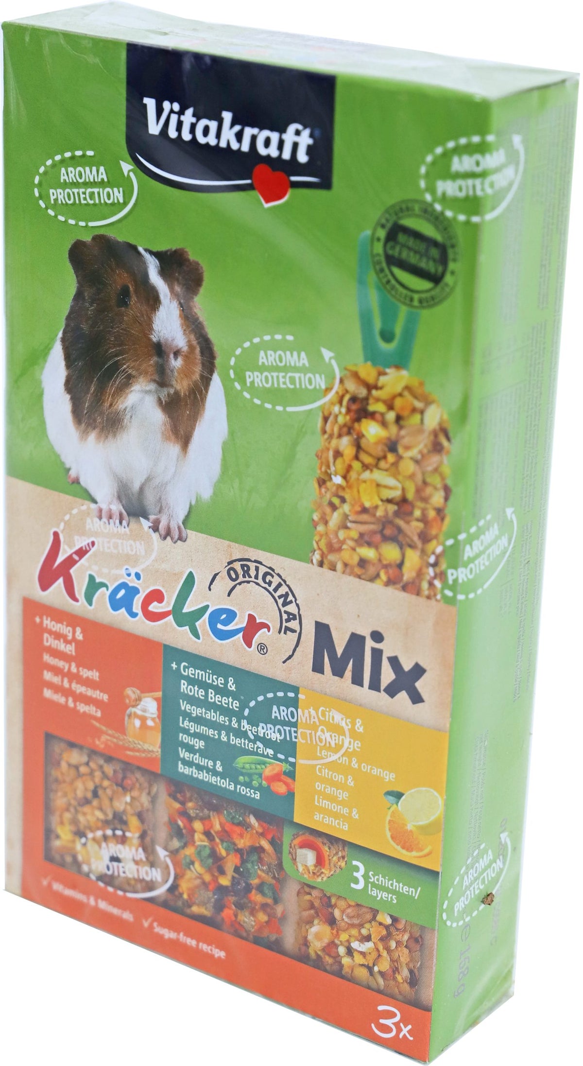 Vitakraft knaagdier Mix honing/spelt- groente/biet-citrus/sinaasappel-kräcker cavia, 3in1.