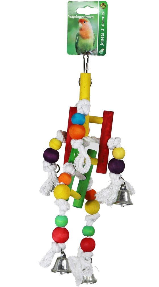 Boon trippeltrap + metalen bellen + houten kralen 33cm