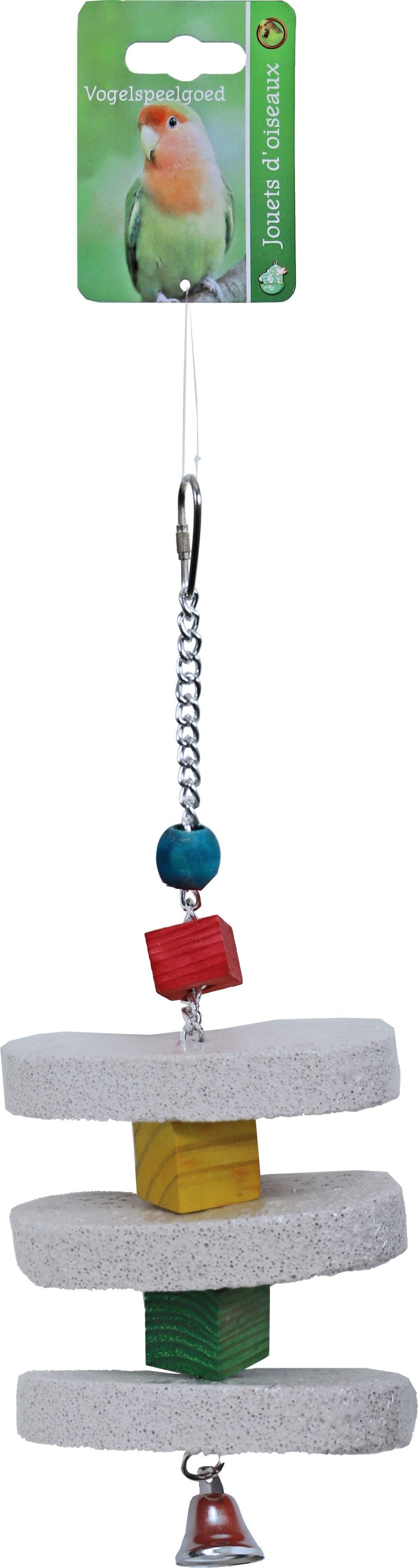 Boon vogelspeelgoed klos hout met 3x ovaal puimsteen en metalen bel, 32 cm.