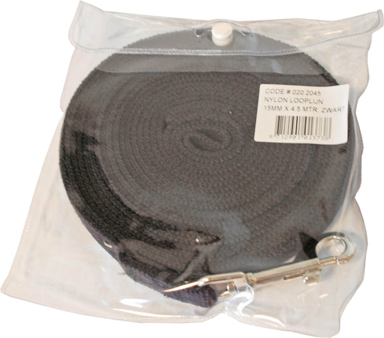 Boon Dog fashion looplijn nylon met handvat en muskaton 15 mm x 4,5 meter, zwart.