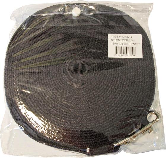 Boon Dog fashion looplijn nylon met handvat en muskaton 15 mm x 9 meter, zwart.