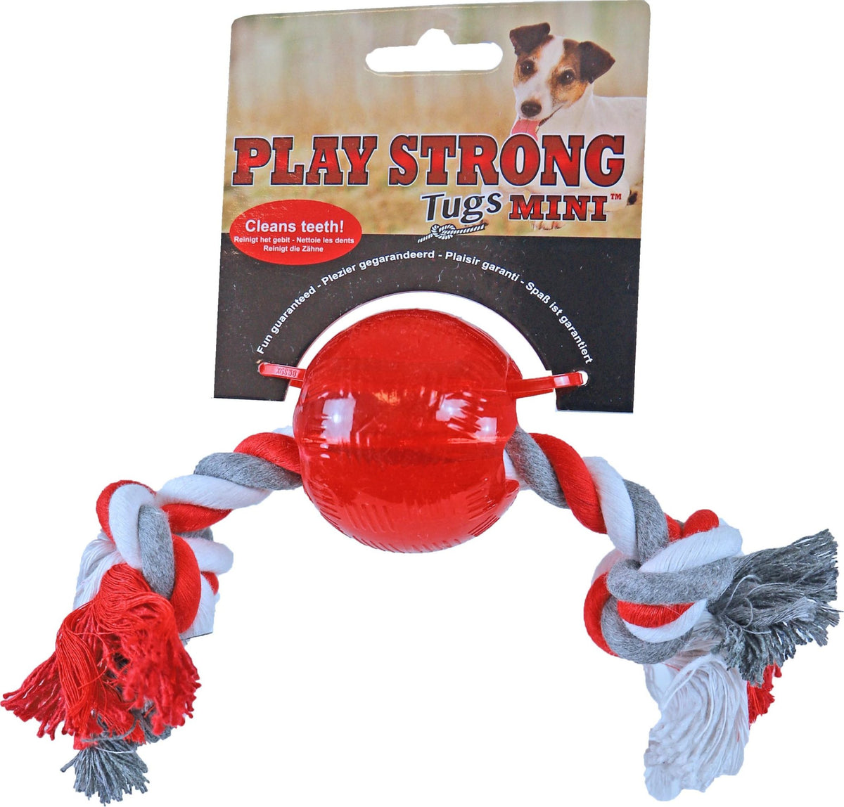 Play Strong hondenspeelgoed rubber mini bal met floss 6 cm, rood.