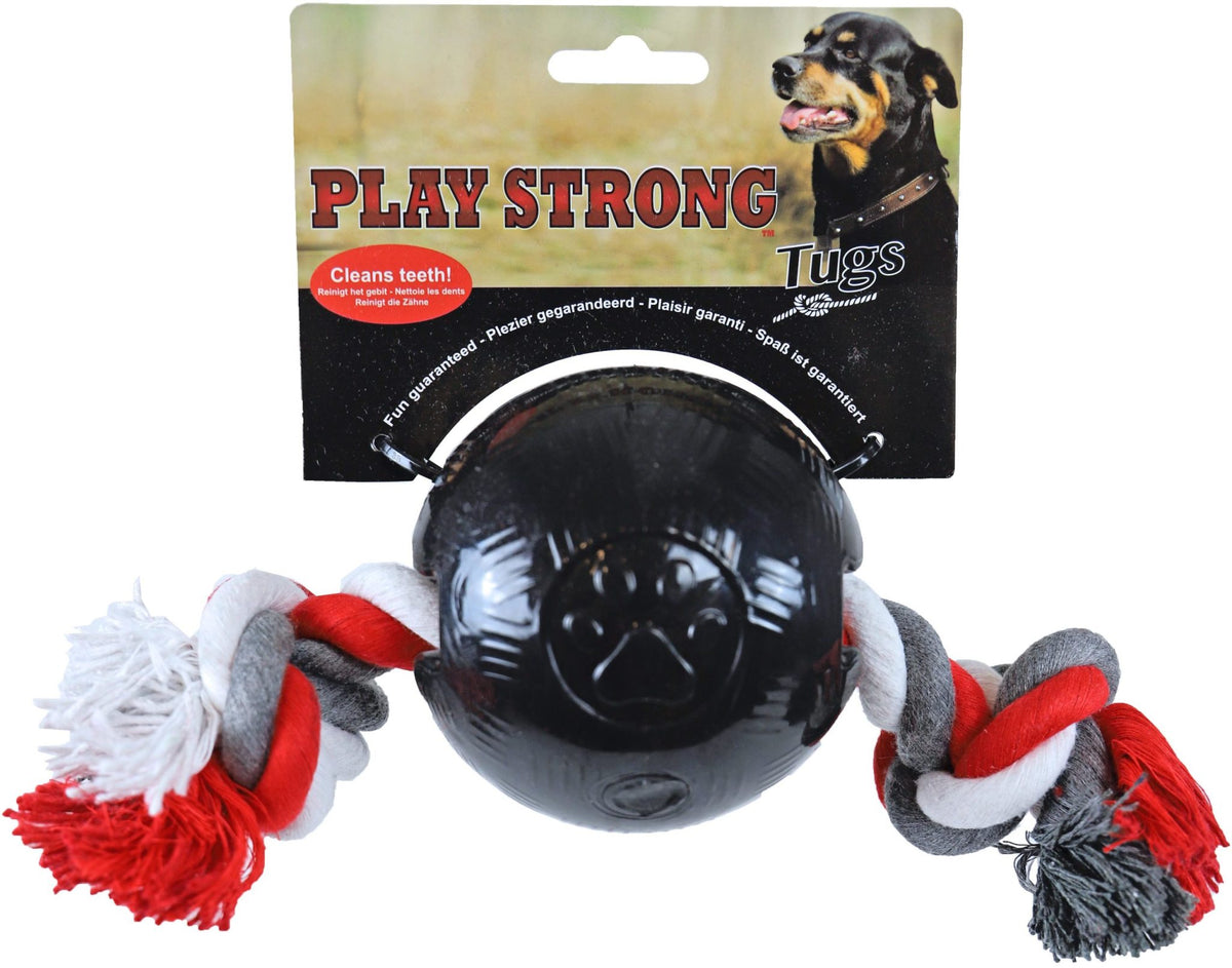 Play Strong hondenspeelgoed rubber bal met floss 10 cm, zwart.