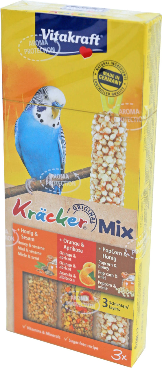 Vitakraft Trio Mix honing/sesam-sinaasappel/abrikoos-honing/popcornkräcker parkiet, 3in1.