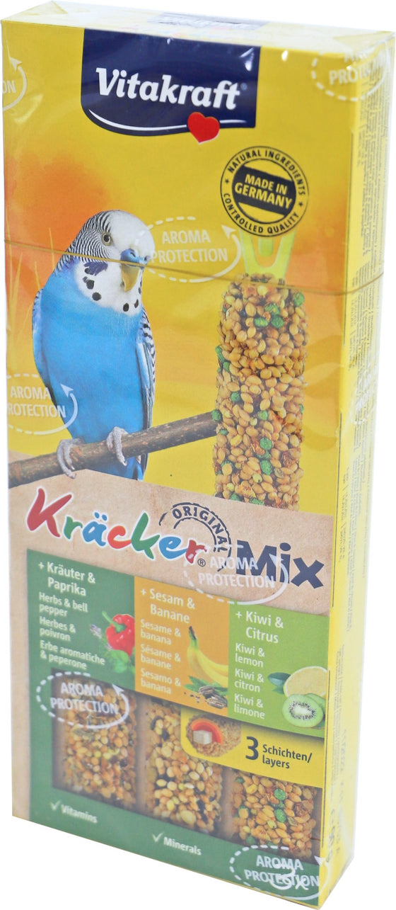 Vitakraft Trio Mix kruiden/paprika-sesam/banaan-kiwi/citruskräcker parkiet, 3in1.