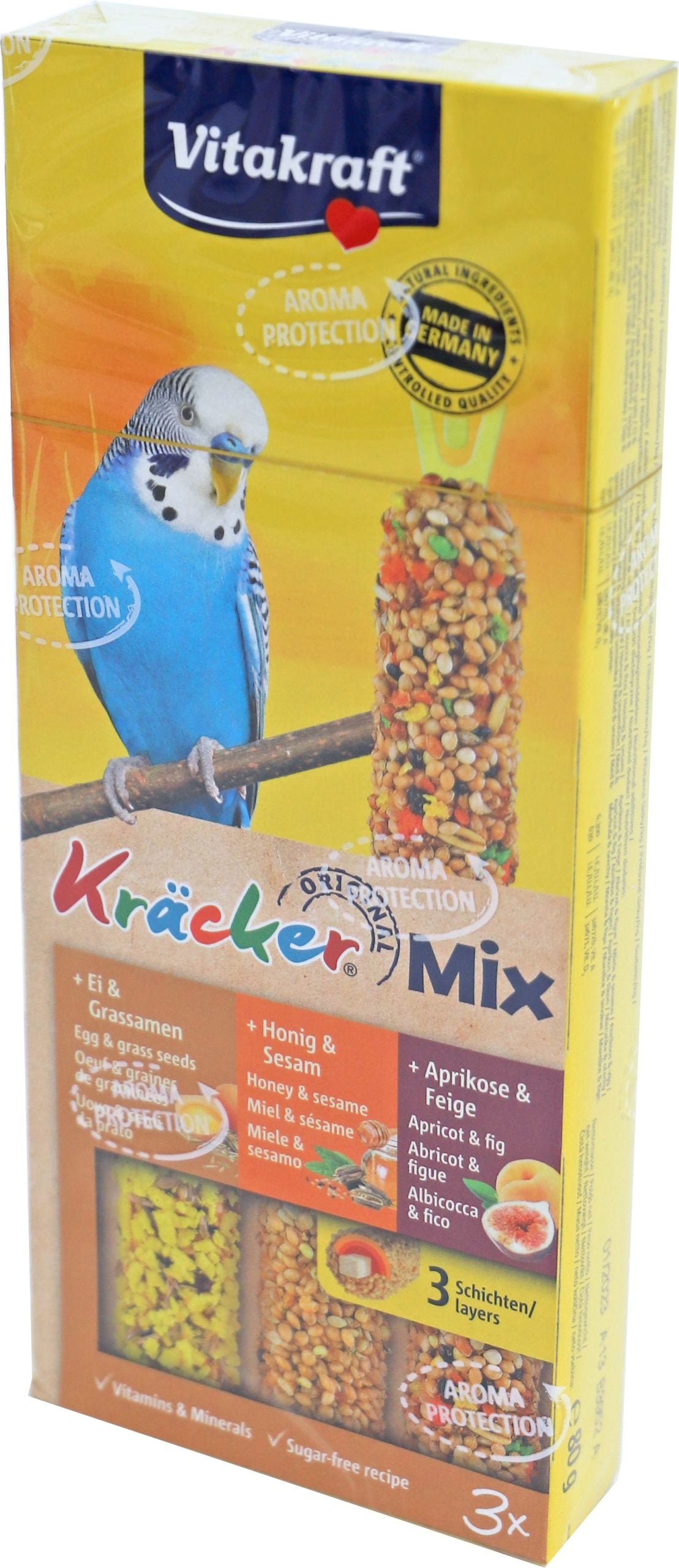 Vitakraft Mix honing/sesam-ei/graszaad-appel/vijgkräcker parkiet, 3in1.