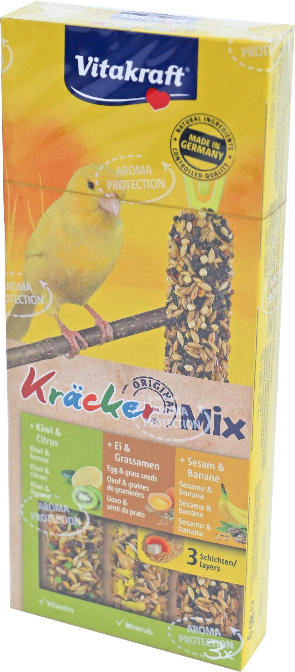 Vitakraft Trio Mix ei/graszaad-sesam/banaan-kiwi/citrus-kräcker kanarie, 3in1.
