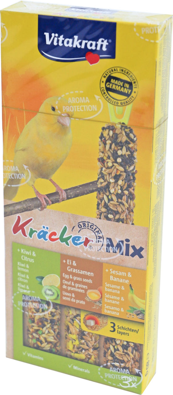 Vitakraft Trio Mix ei/graszaad-sesam/banaan-kiwi/citrus-kräcker kanarie, 3in1.