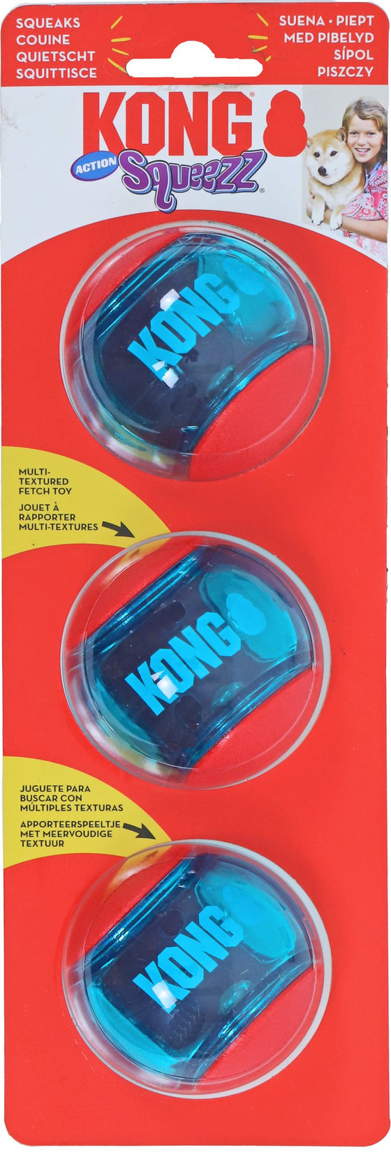 Kong hond Squeezz Action ball red medium, kaart a 3 stuks. (bal Ø 6,5 cm)