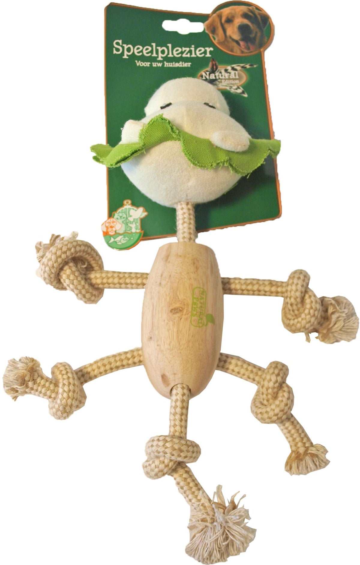 Boon hondenspeelgoed natural houten leeuw met touw, 30 cm.