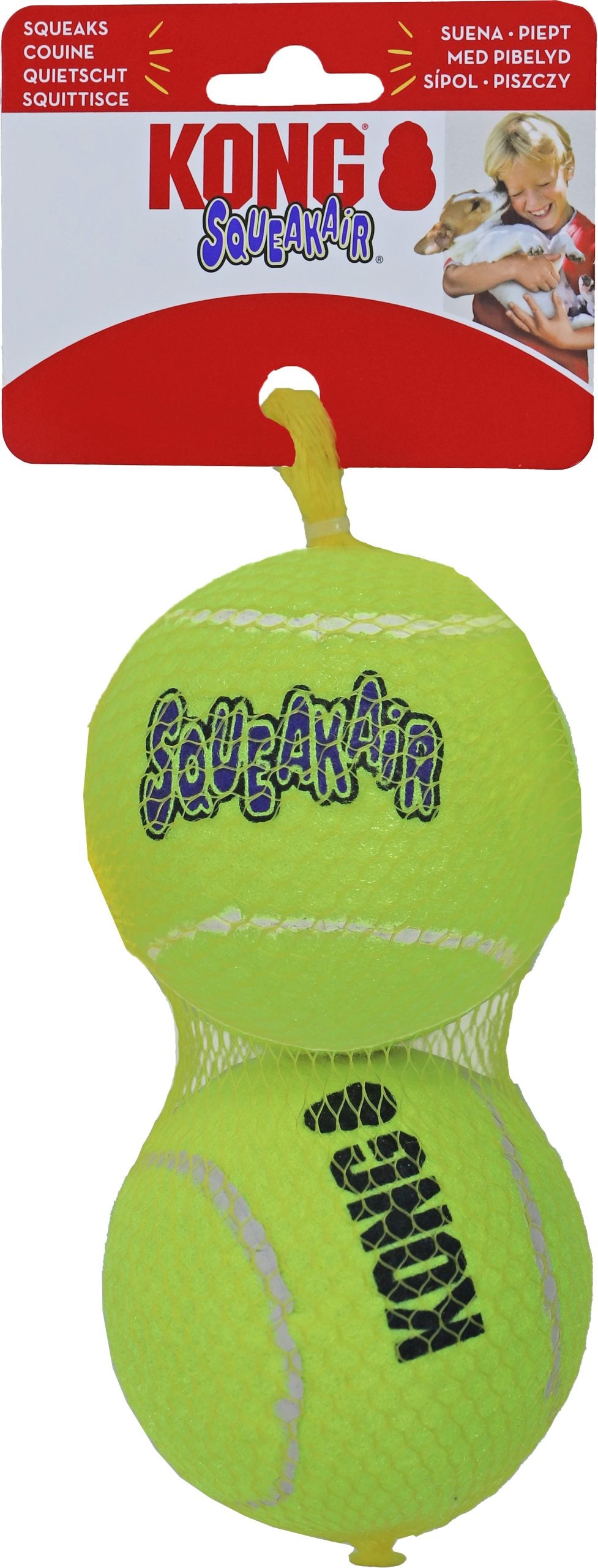 Kong hond Squeakair met piep large, net à 2 tennisballen. (Ø 7,5 cm)