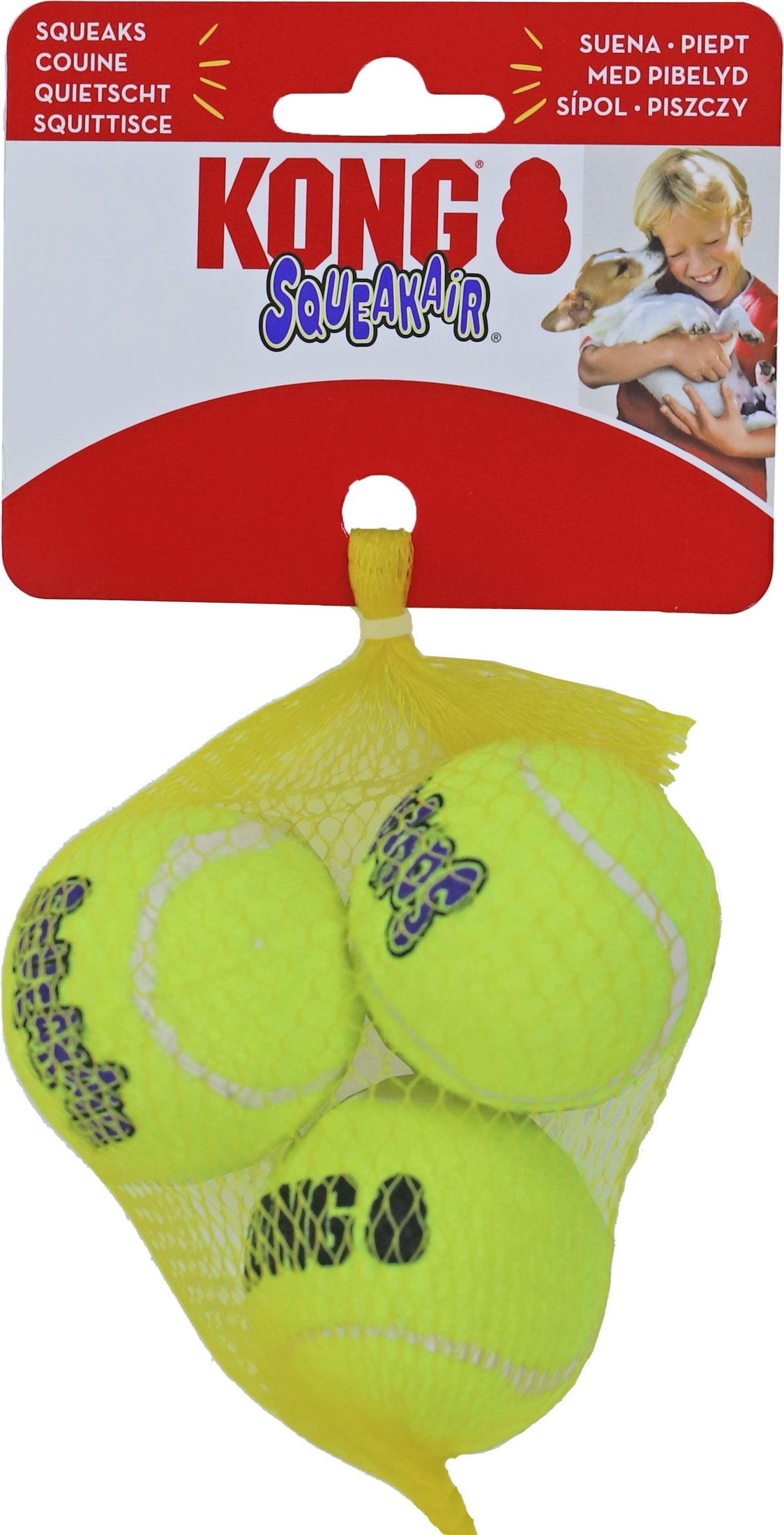 Kong hond Squeakair met piep small, net à 3 tennisballen. (Ø 5 cm)