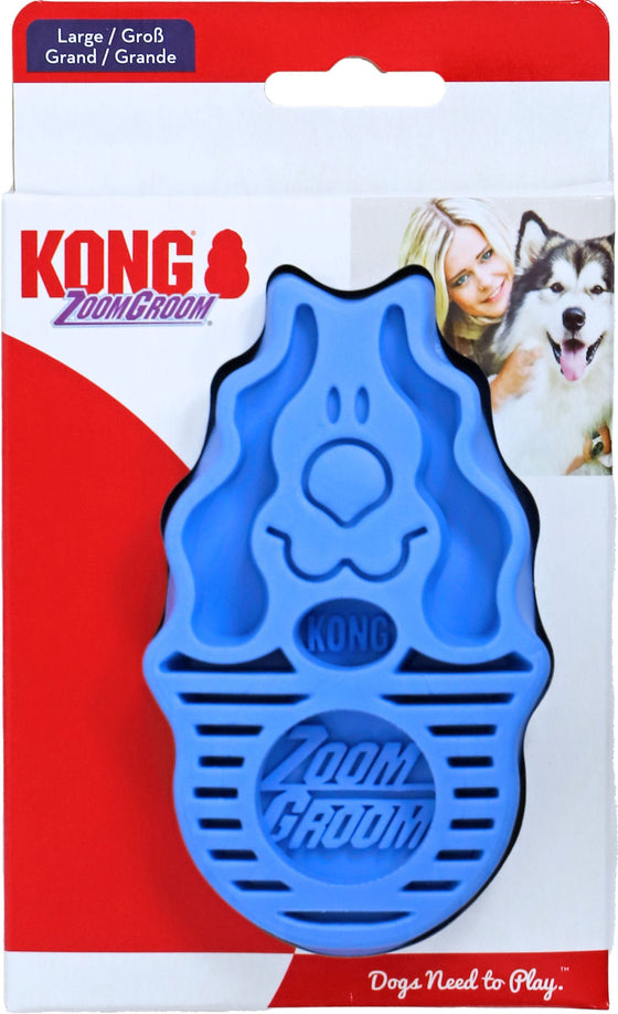 Kong hond Zoom Groom rubber hondenborstel, blauw.