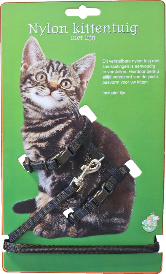 Boon kittentuig nylon met lijn, zwart.