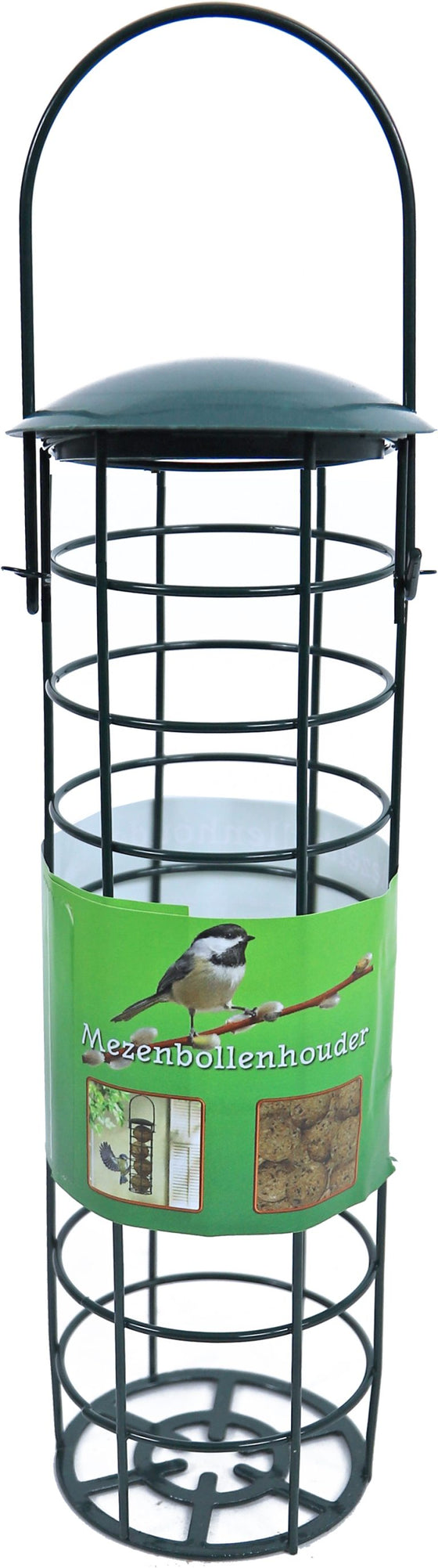 Metalen mezenbol/vetstaafhouder groen, 23x Ø 9 cm.