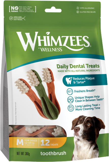 Whimzees toothbrush assorti medium, 12 stuks in valuebag.