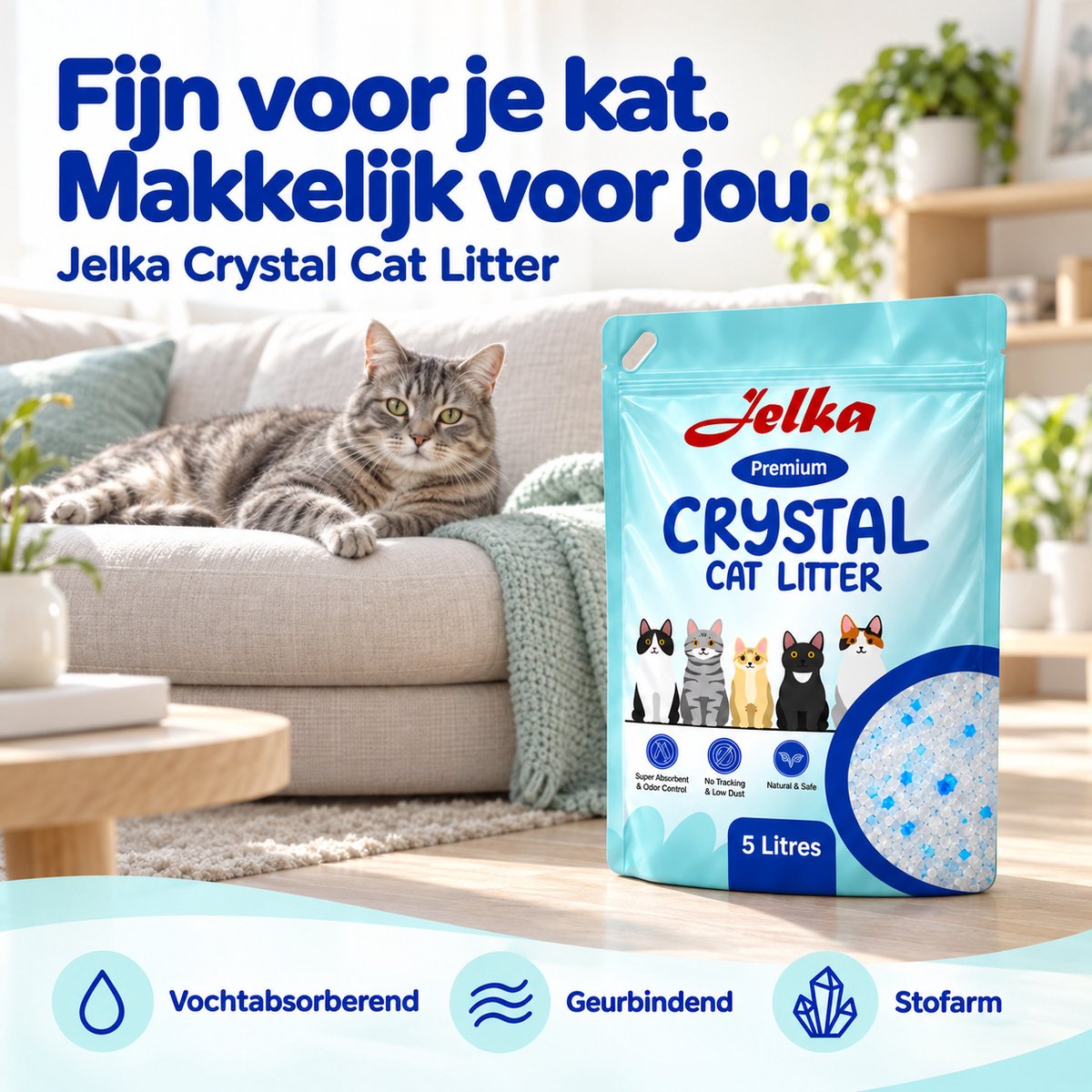 Een grijze cyperkat ligt op een bank. Naast de kat staat een zak Jelka Premium Crystal Cat Litter met zes katten. Ernaast iconen voor vocht, geur en kristallen.