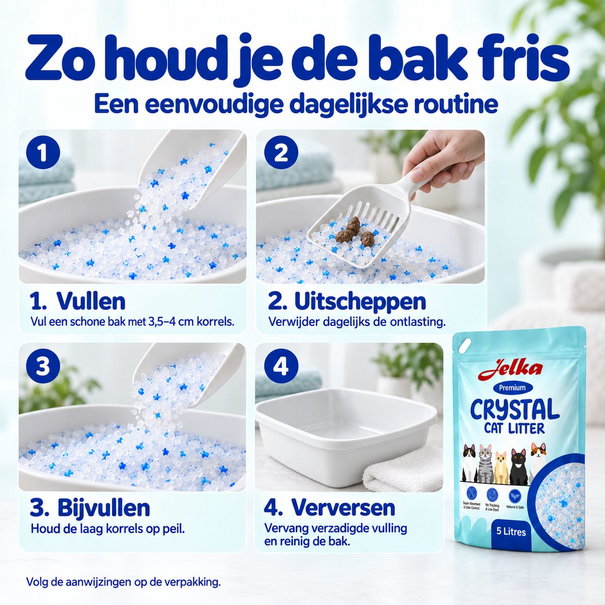 Vier stappen om de kattenbak te vullen met Jelka Crystal Cat Litter: vullen, uitscheppen, bijvullen en verversen. Rechts een zak met zes kattenafbeeldingen.