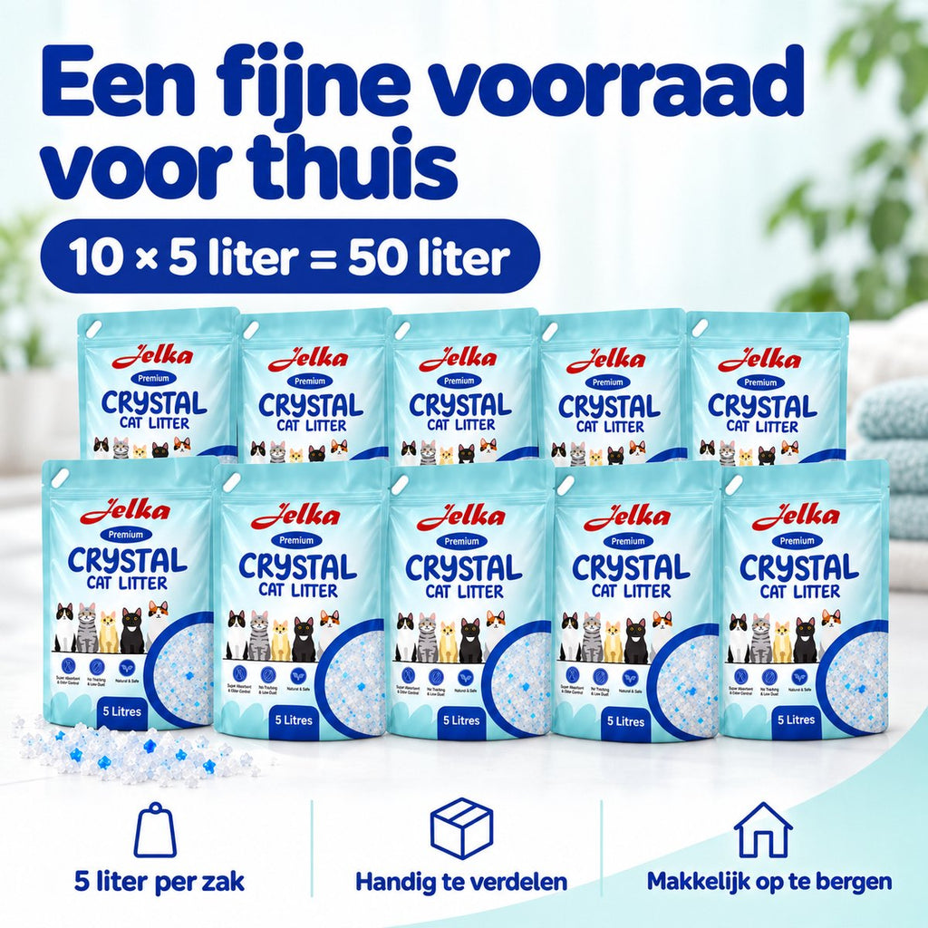 Tien zakken Jelka Premium Crystal Cat Litter in twee rijen. Onder de zakken liggen blauwe en witte kristallen. Drie iconen tonen een zak, een doos en een huisje.